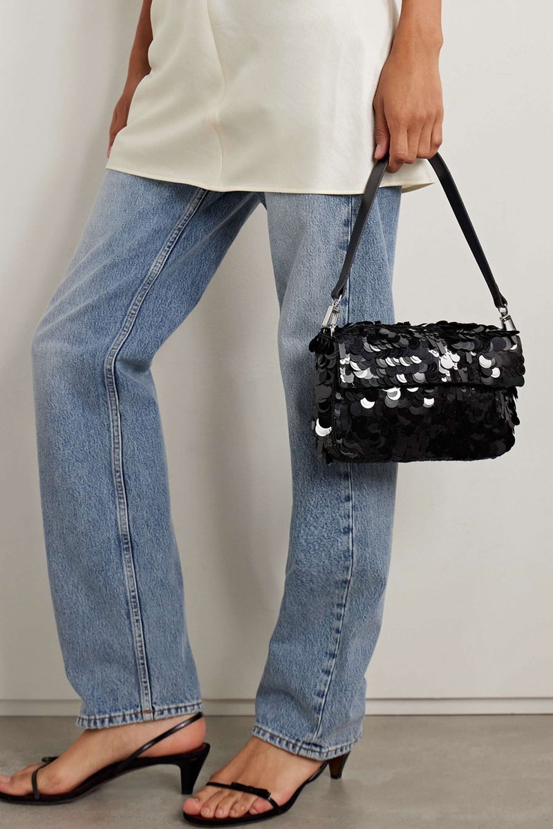 Timmy Leather-Trimmed Sequined Satin Shoulder Bag from STAUD