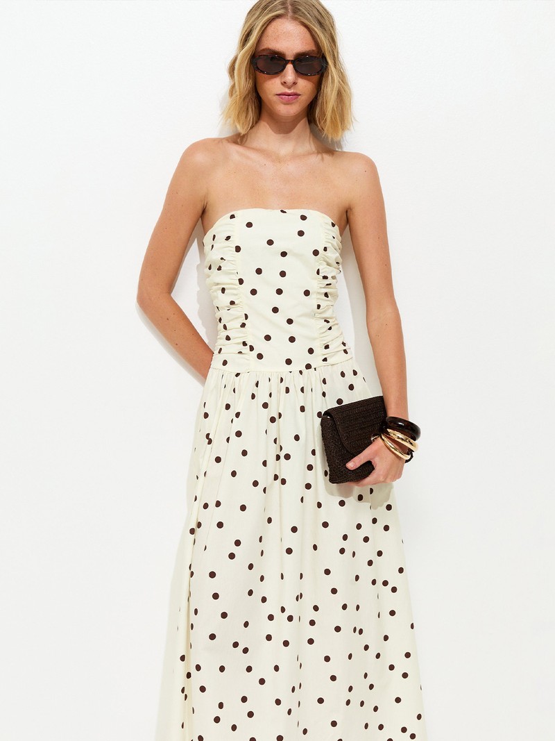 Polka Dot Ruched Bandeau Midi Dress