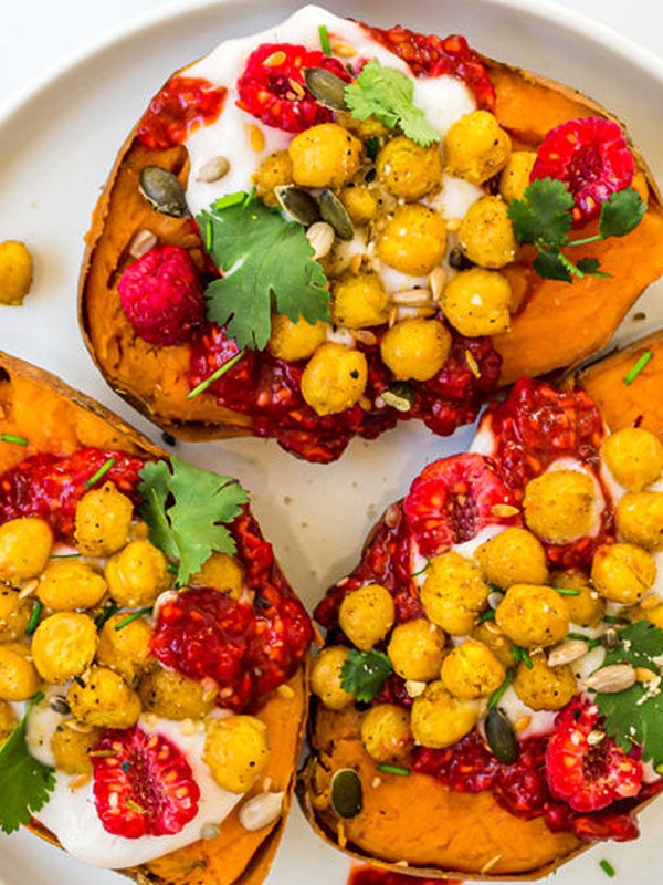 Stuffed Sweet Potatoes With Chickpeas & Raspberry Harissa