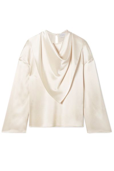 Open-Back Draped Hammered-Satin Blouse from Deveaux