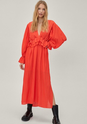 Ruffle Plunging Pleated Maxi Dress