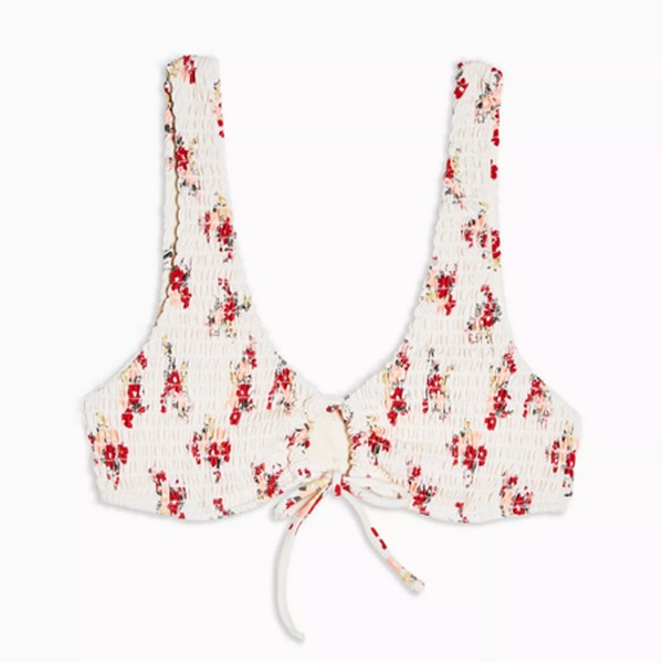 Ecru Ditsy Print Shirred Crop Bikini Top