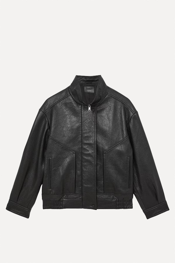 Kiara Oversize Grained-Leather Bomber Jacket from Reiss