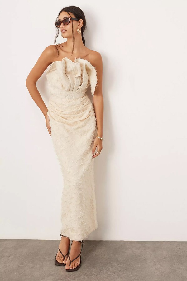 Textured Structured Bandeau Drape Maxi Dress