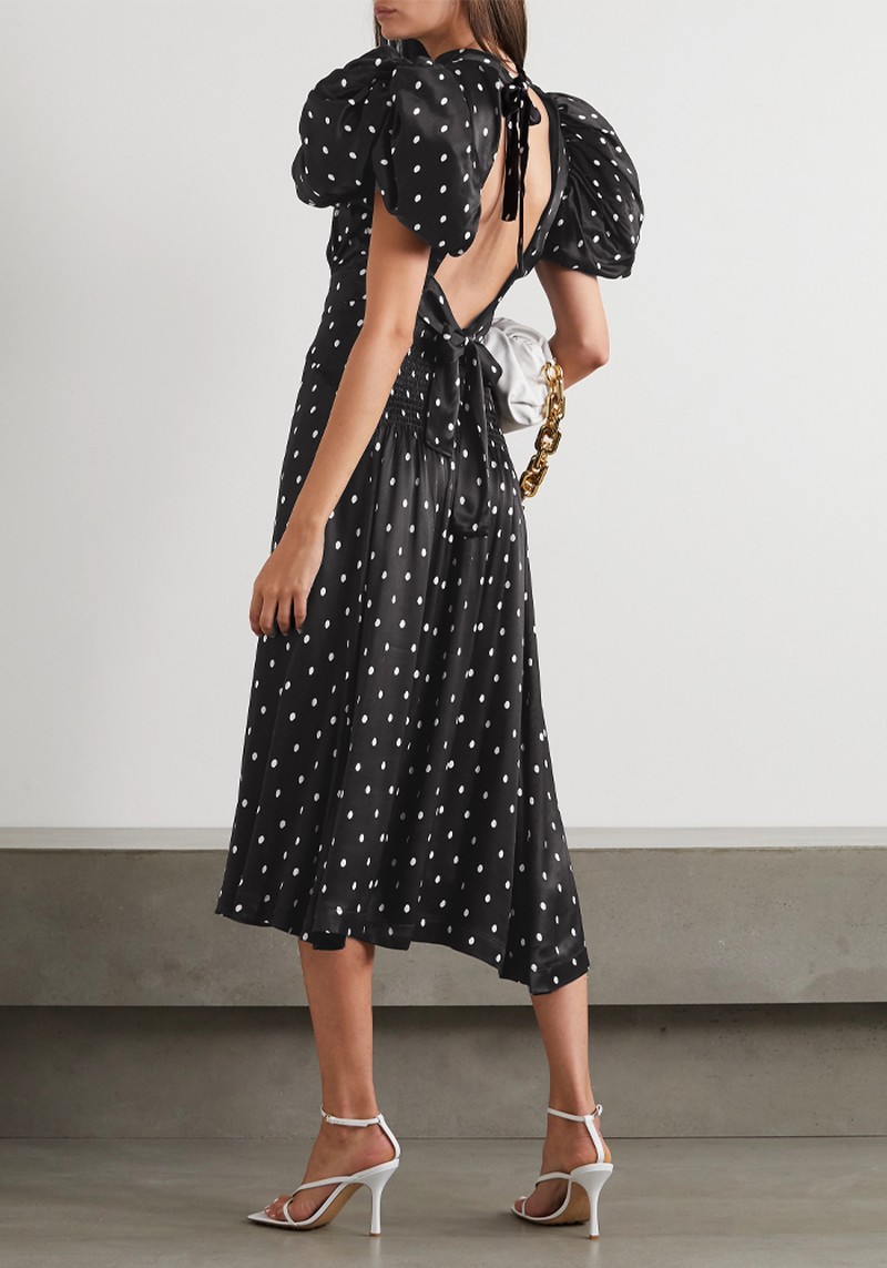 Dawn Open-Back Polka-Dot Satin Midi Dress from ROTATE Birger Christensen