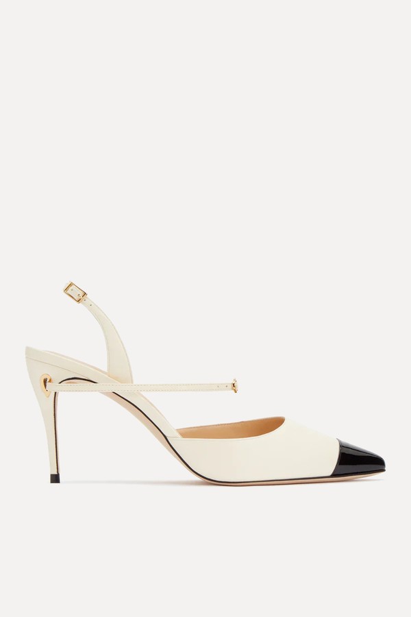 Vittorio 85 Ivory Nappa Black Patent Micro Toe Cap Heels from Jennifer Chamandi