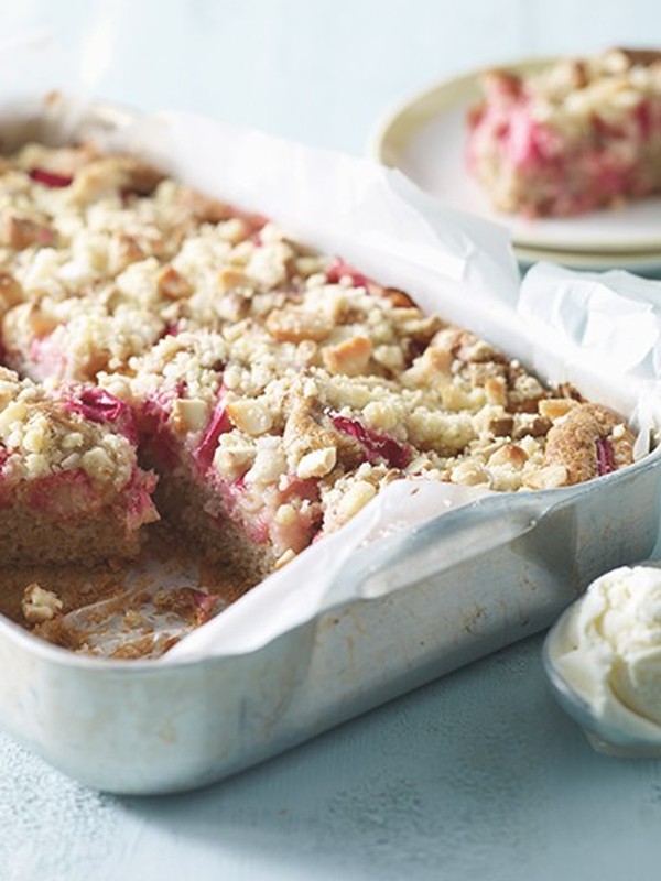 British Rhubarb, Macadamia & White Chocolate Cake