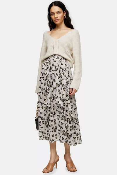 Ivory Tulip Print Ruffle Midi Skirt