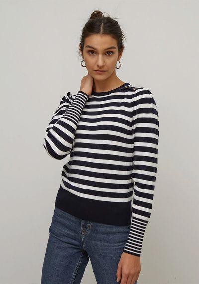 Striped Crew Neck Button Detail Jumper