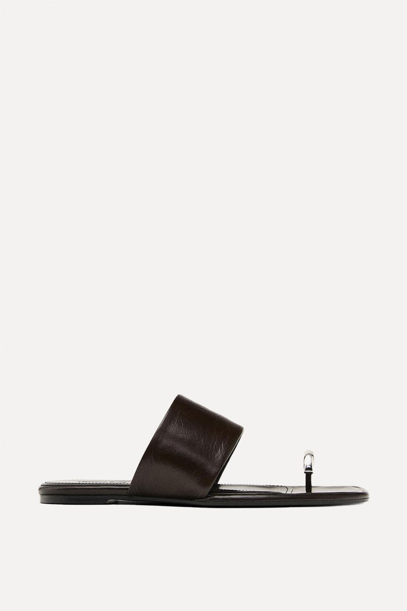 Leather Flat Slider Sandals With Ring Detail from Massimo Dutti