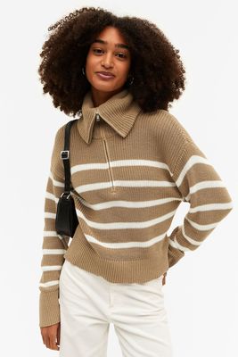 White Striped Half Zip Knit Sweater from Monki