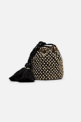 Pearl-Bead-Embellished Crossbody Bucket Bag from Zara