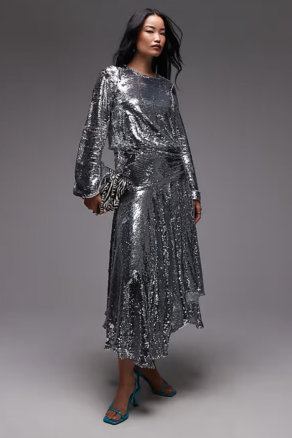 Allover Sequin Embellished Long Sleeve Dropped Waist Maxi Dress from ASOS ARCHIVE