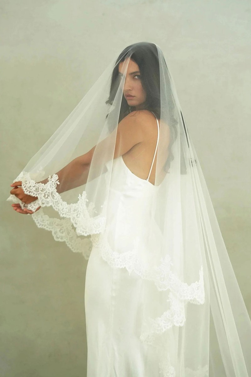 Charlotte II Two Tier Drop Veil with Lace Trim, Romantic Wedding Veil from MadameTulle