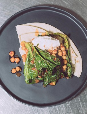 Harissa Spiced Chickpeas With Flatbread, Yoghurt and Greens