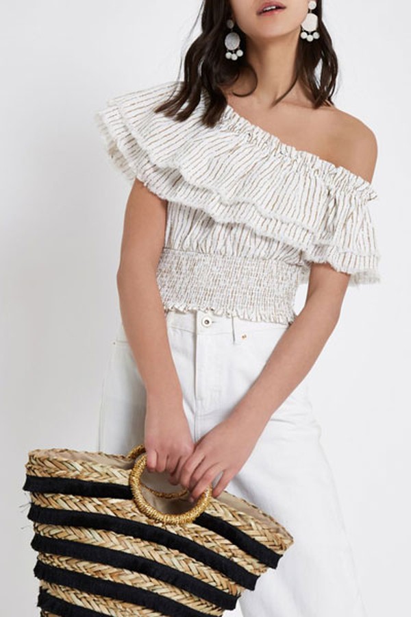 Stripe Frill One Shoulder Crop Top