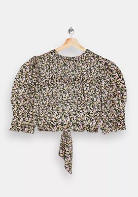 Satin Ditsy Floral Print Ruched Cropped Blouse
