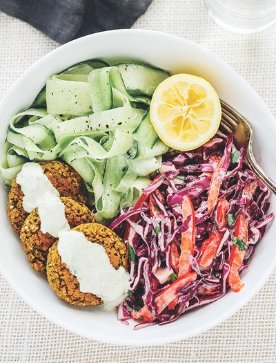 Cucumber Noodles And Falafel With Tzatziki Slaw