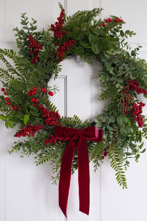 Artificial Red Berry & Pinecone Red Velvet Bow Wreath