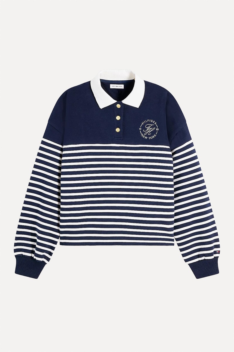 Gold-Tone Button Relaxed Polo Sweatshirt