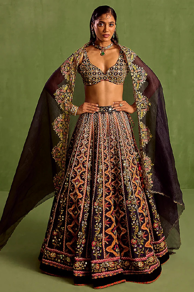 Black Viscose Raw Silk Digital Printed & Hand Embroidered Lehenga Set from Neha khullar