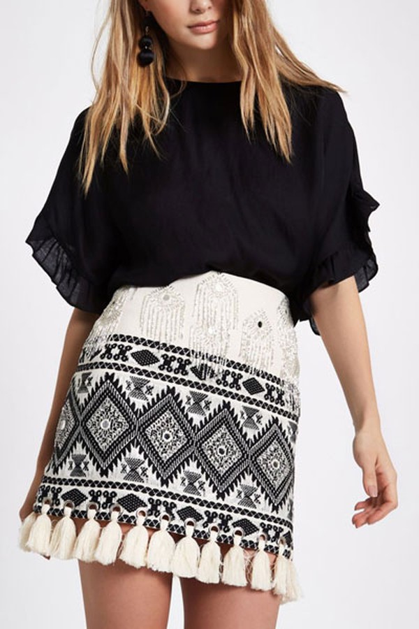 Embroidered Tassel Hem Mini Skirt