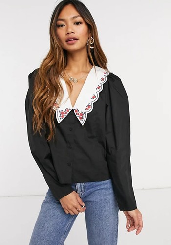 Cotton Shirt With Contrast Embroidered Collar from Asos Design