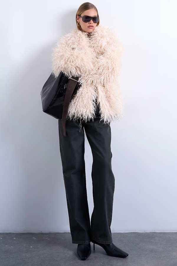 Mongolian Faux Fur Funnel Neck Mid Length Coat from Topshop