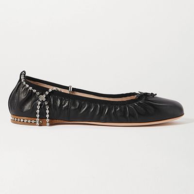 Crystal-Embellished Leather Ballerina Shoes from Miu Miu
