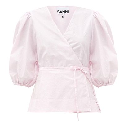 Blouson-Sleeve Cotton-Poplin Wrap Top from Ganni