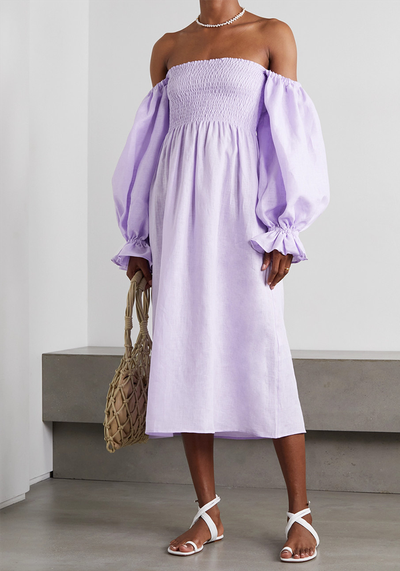 Atlanta Off-The-Shoulder Shirred Linen Midi Dress from Sleeper