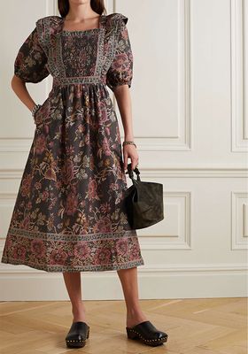 Tess Ruffled Smocked Floral Print Poplin Midi Dress