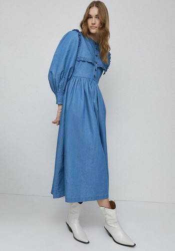 Denim Frill Bib Midi Dress from Warehouse