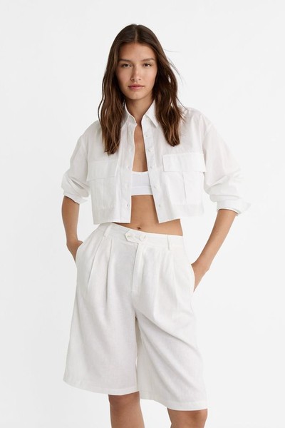 Linen Blend Bermuda Shorts With Pleats  from Stradivarius