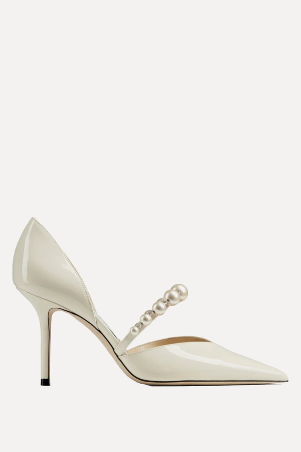 Aurelie 85 Latte Patent Leather Pointed Pumps With Pearl Embellishment