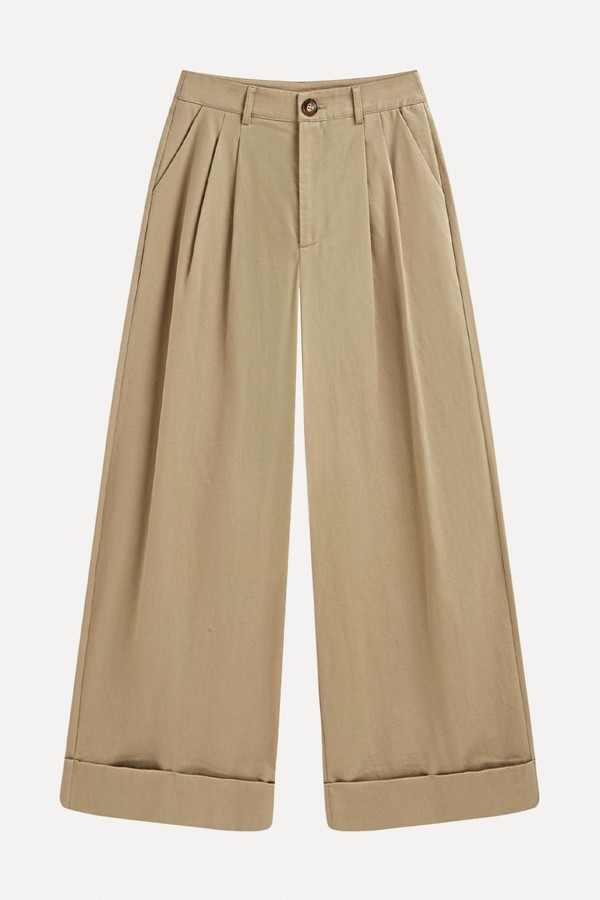 Cotton-Blend Low Rise Pleated Roll Hem Wide Leg Trousers  from Cider 