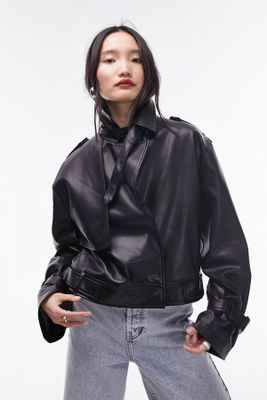 Faux Leather Cropped Trench Jacket