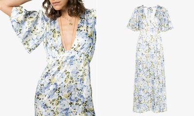 Floral Print V-Neck Frill Sleeve Silk Dress from Les Reveries