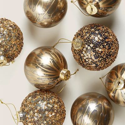 9 Pack Gold Glass Sequin Baubles