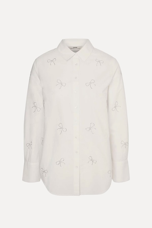 Beaded Gem Bow Long Sleeve Poplin Shirt