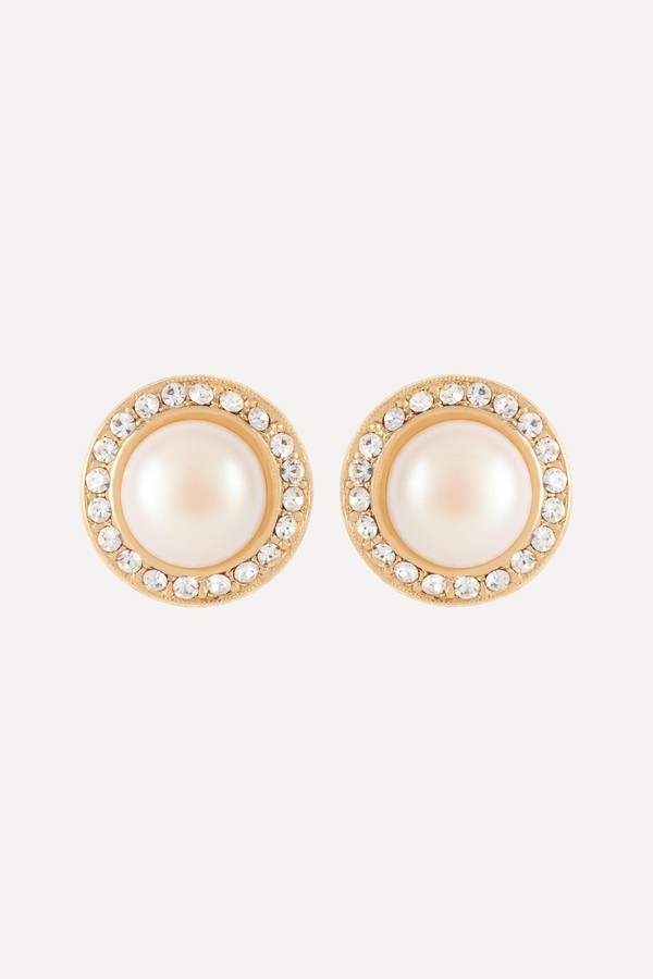 Gold-Plated 1980s Crystal & Faux Pearl Clip-On Earrings from Susan Caplan Vintage