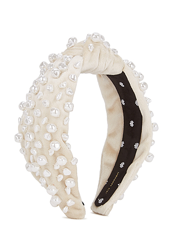Ivory Faux Pearl-Embellished Velvet Headband from Lele Sadoughi