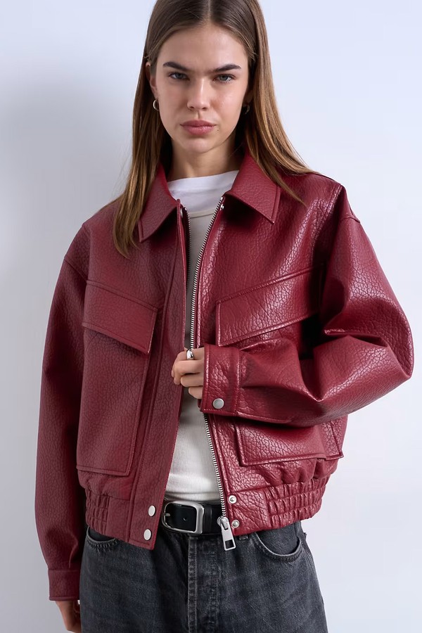 Faux Leather Bubble Boxy Zip Through Pocket Bomber Jacket