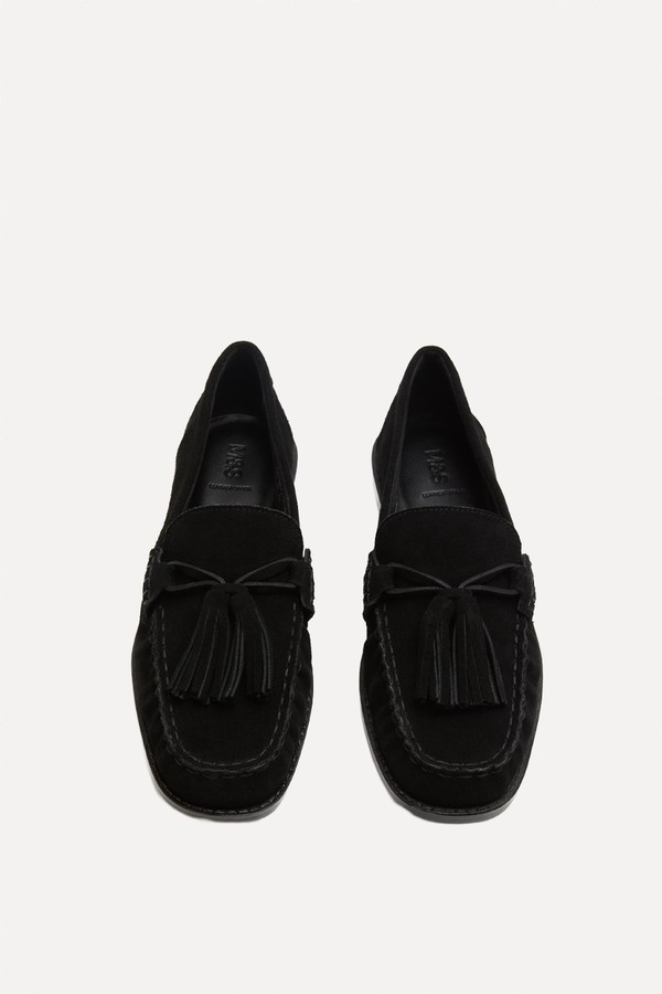 Suede Tassle Block Heel Square Toe Loafers