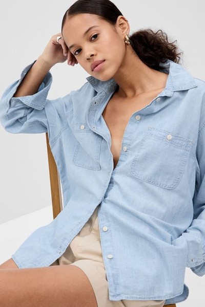 Chambray Denim Long Sleeve Oversized Shirt