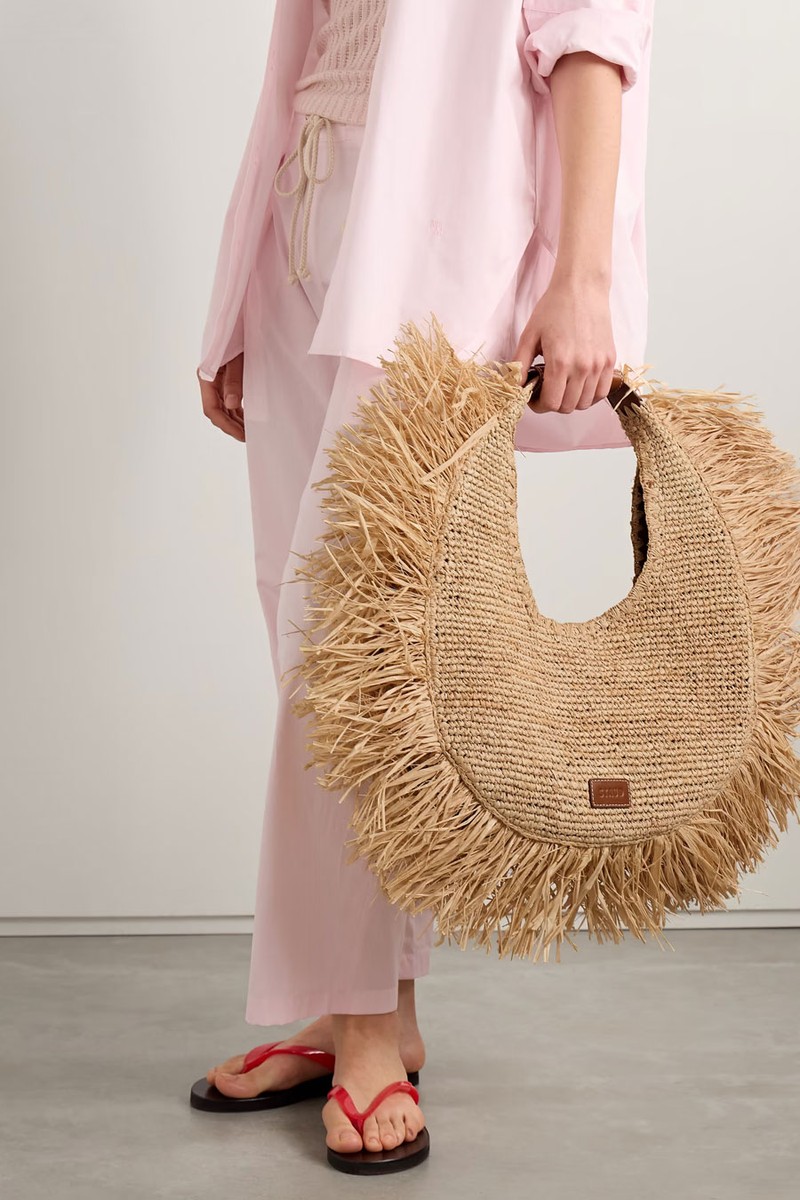 Moon Leather-Trimmed Fringed Raffia Tote from Staud