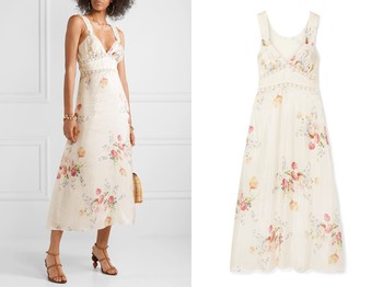 Sabina Lace-Trimmed Floral-Print Silk-Satin Midi Dress from LoveShackFancy