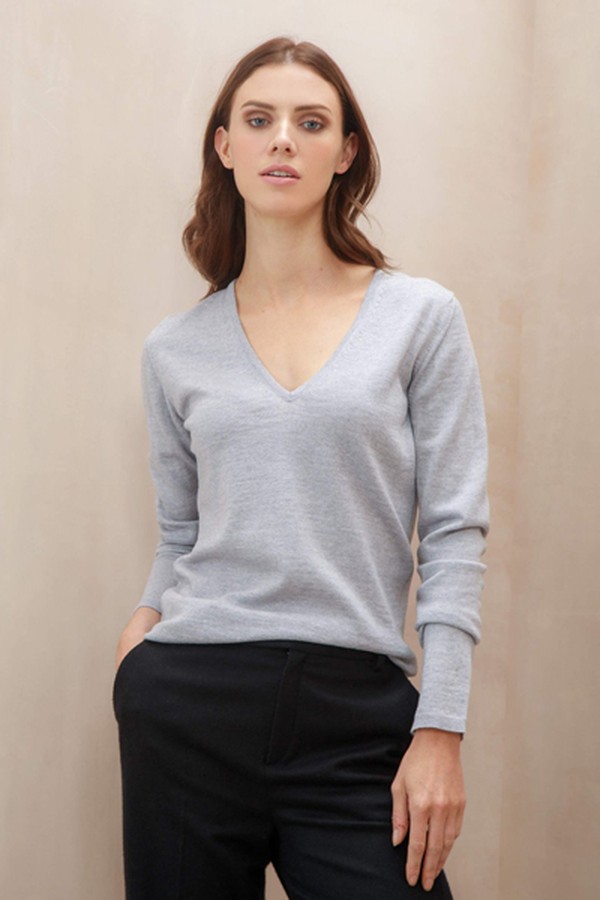 Grey Mix V Neck Womens Extra Fine Merino Wool Jumper from Johnstons Of Elgin