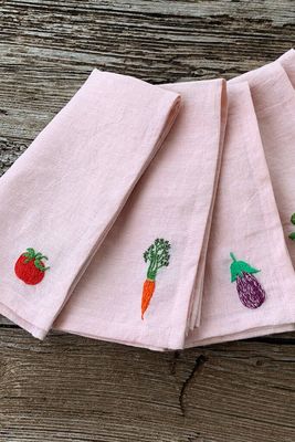 'Eat Your Greens' Embroidered Vegetable Linen Napkins