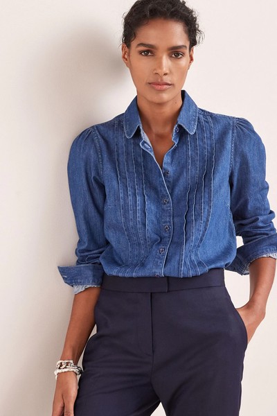 Dark Blue Pintuck Puff Sleeve Denim Shirt from Next